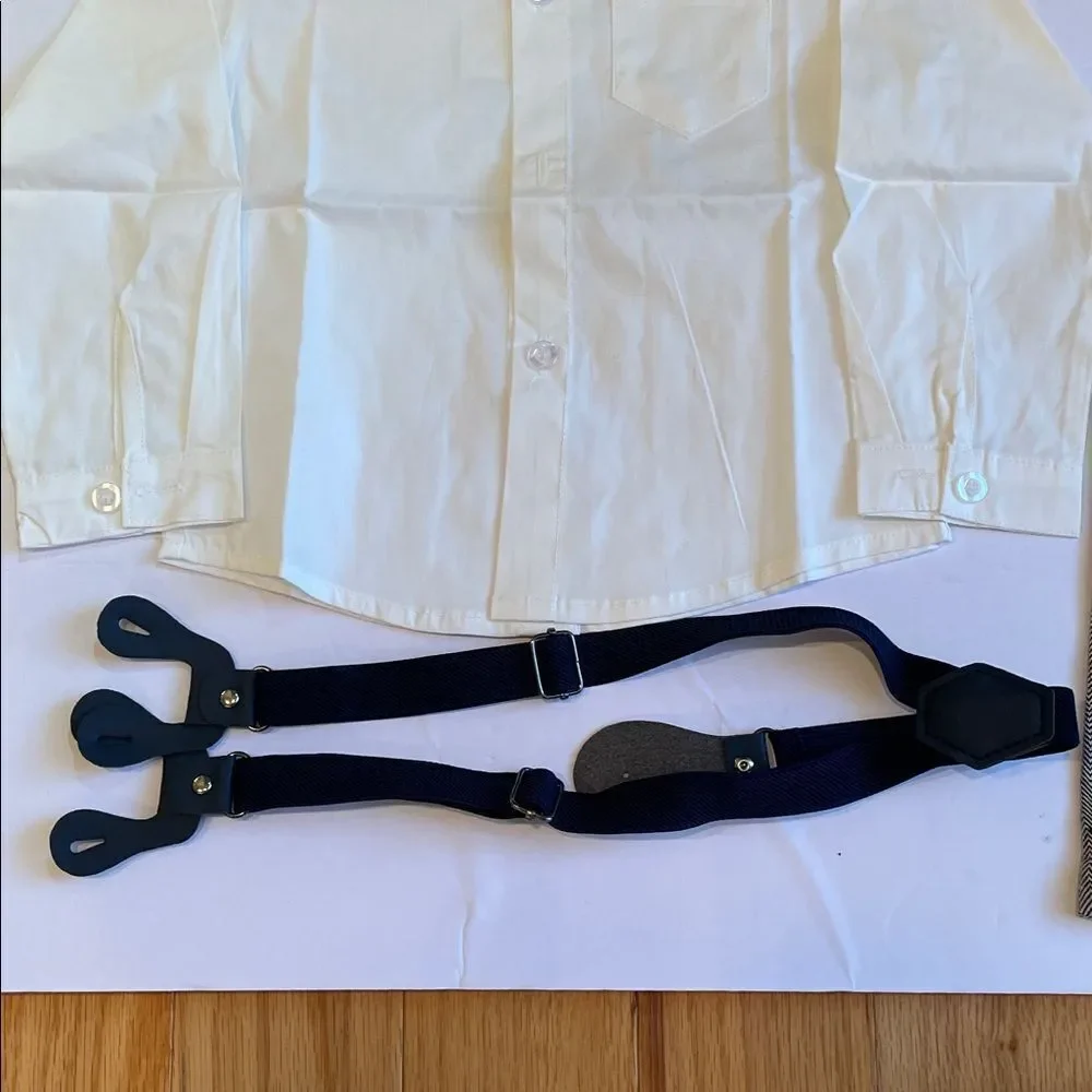White Shirt and Gray Pants 3 piece  Set with navy Blue  Bow Tie and suspenders